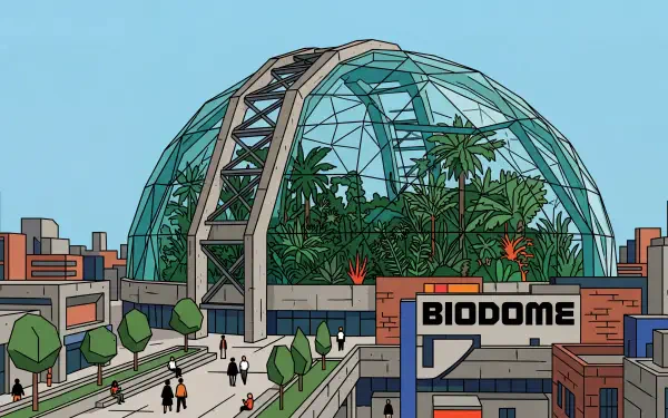5K Ultra HD PC desktop wallpaper and background: a glass biodome housing lush tropical plants above an urban plaza with walkways and pedestrians.