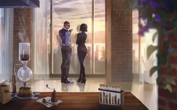 HD PC desktop wallpaper showing Valorant agents Viper and Chamber by a sunlit loft window, with lab glassware and test tubes on a table in the foreground.