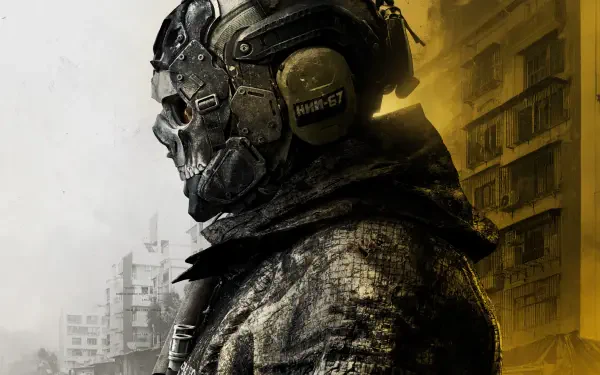 Call of Duty 4: Modern Warfare 4K Ultra HD PC wallpaper: skull‑masked soldier in tactical gear framed against a war‑torn cityscape split in gray and yellow light.