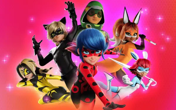 4K Ultra HD PC desktop wallpaper of Miraculous Ladybug heroes: Ladybug center with Cat Noir, Rena Rouge, Queen Bee and allies posed against a pink, sparkled background.