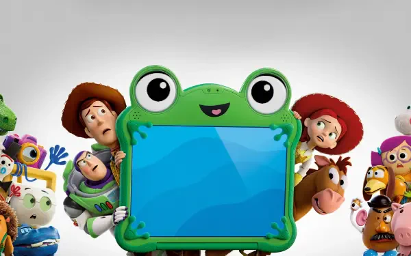 Toy Story 5, Toy Story 4K Ultra HD PC wallpaper and background: Woody, Buzz, Jessie and the toy gang peeking around a smiling frog-shaped blue screen frame.