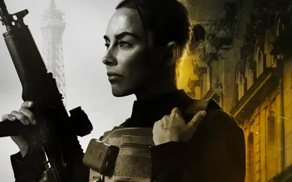 4K Ultra HD PC desktop wallpaper of a woman in tactical gear holding a rifle, framed as a bold silhouette against a split grayscale and golden cityscape background.