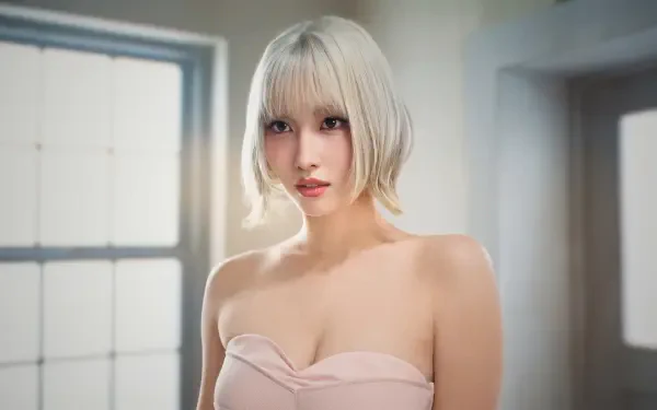 5K desktop wallpaper: high-resolution portrait of a young woman with a short platinum bob wearing a strapless pale-pink top, soft window light and minimalist indoor background.