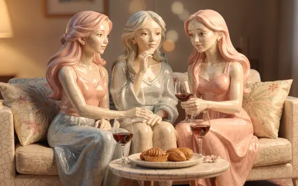 Girls' night 4K Ultra HD PC desktop wallpaper: three pastel figurines on a sofa, holding wine glasses around a table with pastries in a warm, cozy living room.