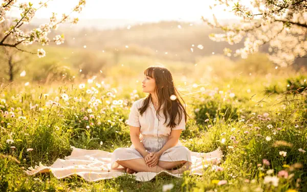 4K Ultra HD PC desktop wallpaper — spring aesthetic: a woman sits on a blanket in a sunlit meadow of blooming trees, petals drifting through warm golden light.