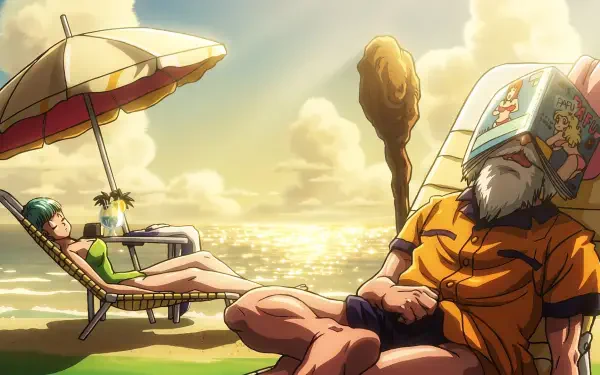 HD PC anime desktop wallpaper of Dragon Ball Z's Master Roshi and Bulma relaxing on a sunlit beach at sunset — Roshi under a hair-dryer helmet, Bulma reclining on a lounge chair by the sea.