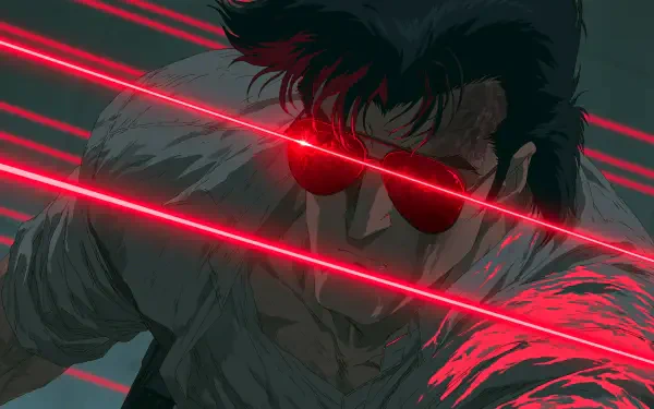 Stylized man in sunglasses streaked by red laser beams, intense action pose on a dark backdrop — 2K Quad HD PC desktop wallpaper/background.
