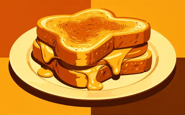 4K Ultra HD PC desktop wallpaper: golden grilled cheese sandwich with melted cheese oozing on a plate against warm orange tones.