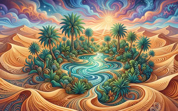 5K Ultra HD PC desktop wallpaper: vibrant desert oasis with swirling golden dunes, lush palm groves and a shimmering turquoise lagoon beneath a swirling, colorful sky.