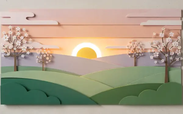 4K Ultra HD PC Desktop Wallpaper and Background: paper-cut spring sunset with layered green hills, blossoming trees and a glowing sun over soft lavender ridges.