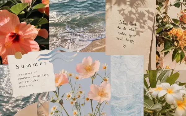 4K Ultra HD PC desktop wallpaper and background: summer floral collage of hibiscus, daisies and blossoms, ocean waves, handwritten note and soft pastel botanical textures.