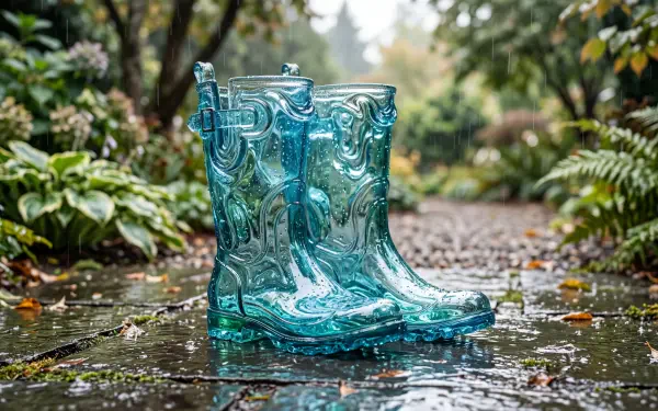 Translucent blue rain boots in a puddle on a wet garden path — 5K Ultra HD PC desktop wallpaper and background.