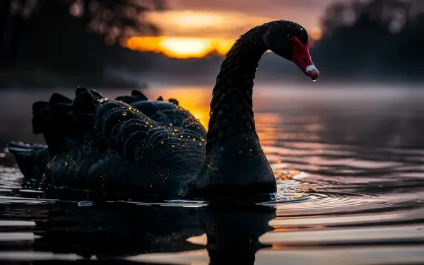 Black swan gliding across a mirrored lake at sunset — a 4K Ultra HD PC desktop wallpaper and background with droplets sparkling on its dark feathers.