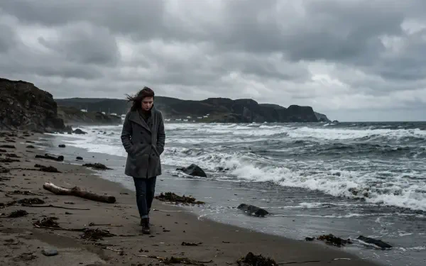 Moody coastal aesthetic: lone figure in a coat walks a windswept shoreline beneath storm clouds — 5K Ultra HD PC Desktop Wallpaper and Background.