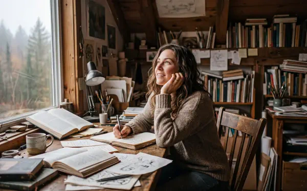 Inspiration — 5K Ultra HD PC desktop wallpaper of a person daydreaming at a cluttered wooden desk in a cozy, book-lined studio as soft sunlight streams through a window.