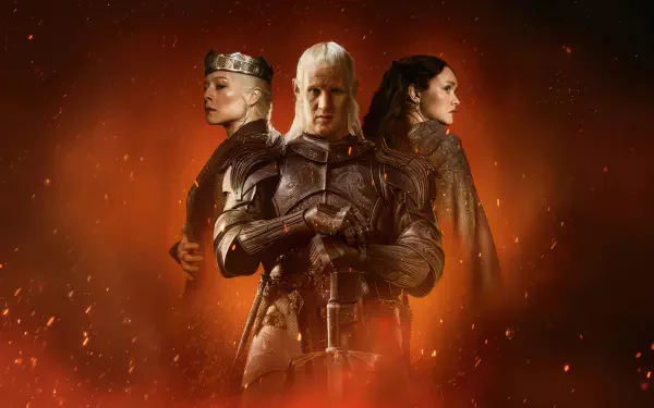 House of the Dragon 4K Ultra HD PC desktop wallpaper: three armored figures stand back-to-back amid embers and a glowing, fiery orange background.