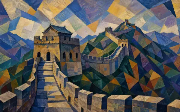 4K Ultra HD PC desktop wallpaper: geometric, painterly view of the Great Wall of China winding across colorful, faceted hills.
