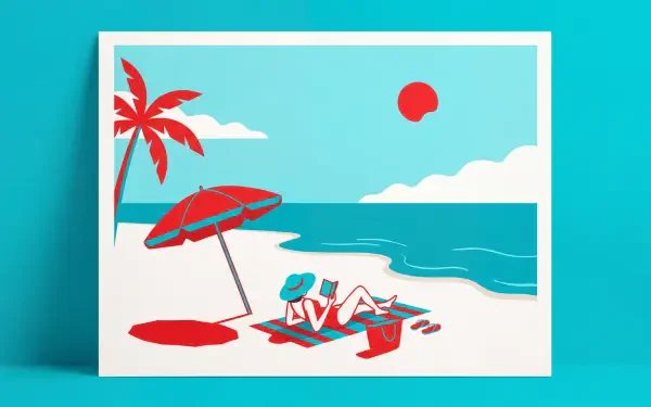 Minimalist summer 5K Ultra HD PC desktop wallpaper and background: stylized beach in turquoise and red with two loungers under an umbrella, palm tree and sun.