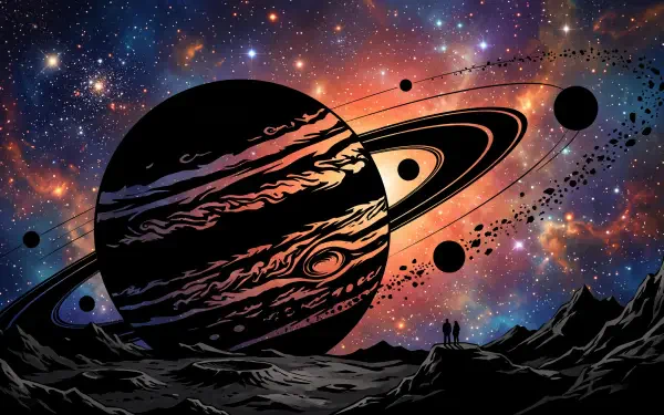 5K Ultra HD PC desktop wallpaper of a ringed gas giant over a colorful nebula starfield, silhouetted figures on a rocky alien shore watching the immense planet.