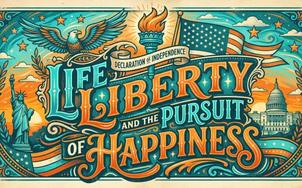 5K Ultra HD PC desktop wallpaper: ornate, vintage lettering Life, Liberty and the Pursuit of Happiness framed by American symbols—eagle, torch, Statue of Liberty, Capitol dome, flag.