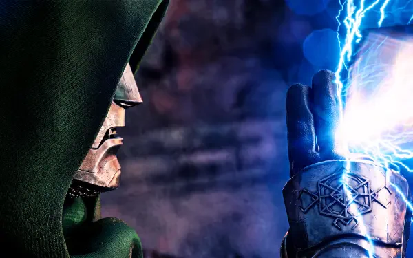 5K Ultra HD Avengers: Doomsday desktop wallpaper — Doctor Doom in green cloak and armored gauntlet clashes with Thor's crackling blue lightning (Marvel Comics)