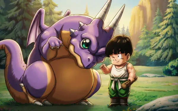 HD PC desktop wallpaper/background: Dragon Ball Z anime scene of young Gohan petting a friendly purple dragon in a sunlit forest.
