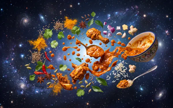 Vibrant 5K Ultra HD PC desktop wallpaper of curry: a bowl, spoon, chicken pieces, rice, spices and herbs exploding and floating across a starry galaxy background.