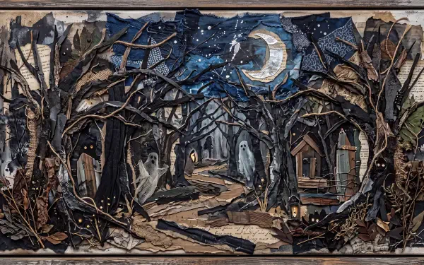 5K Ultra HD PC desktop wallpaper: moonlit haunted forest with twisted trees, a winding path, ghostly figures between dilapidated cabins under a starry crescent moon.