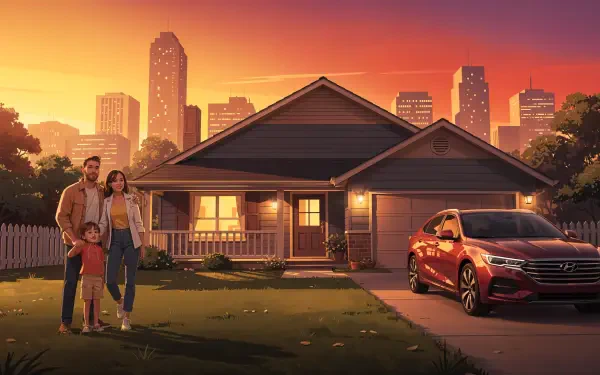 4K Ultra HD PC wallpaper The American Dream: sunset-lit suburban house, family on the lawn, red car in the driveway and a city skyline beyond.