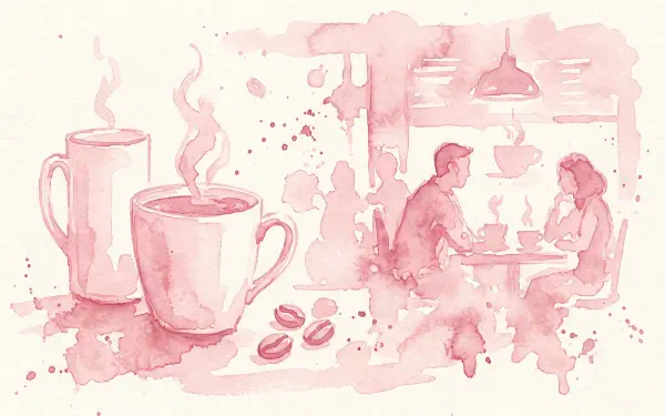 Light pink watercolor 5K Ultra HD PC desktop wallpaper and background showing two steaming coffee cups, beans, and a couple chatting in a cozy café scene.