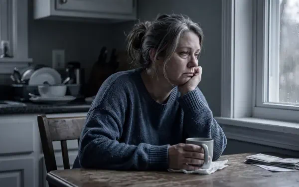 Melancholic parent gazes out a rainy window, holding a mug at a worn kitchen table — moody 5K Ultra HD PC desktop wallpaper/background.