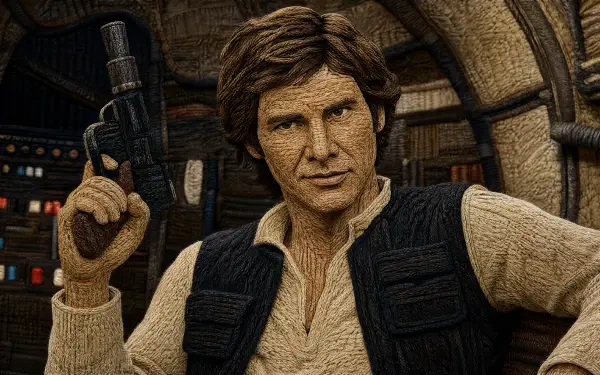Han Solo holding a blaster, textured 4K Ultra HD PC desktop wallpaper/background with warm-toned starship interior and a confident, ready-for-action pose.