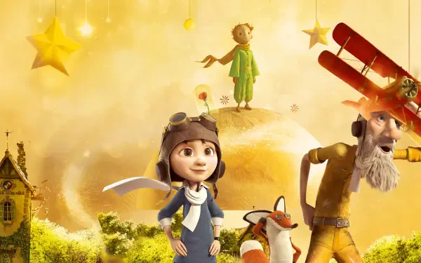 Whimsical The Little Prince 4K Ultra HD PC desktop wallpaper: the Little Prince on his asteroid with a girl aviator, fox, and an old pilot amid glowing stars and a warm golden sky.