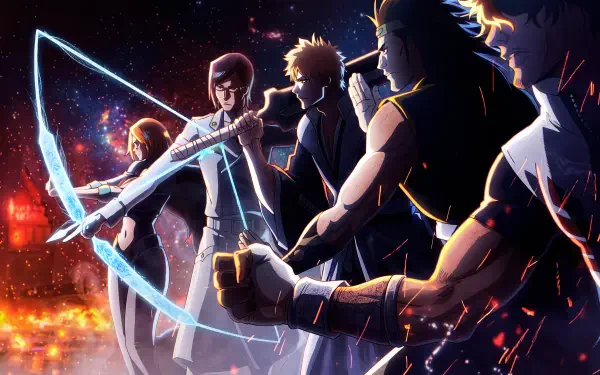 Bleach: Thousand-Year Blood War 5K Ultra HD PC desktop wallpaper showing Ichigo Kurosaki, Orihime Inoue and Uryu Ishida poised with glowing weapons against a fiery, starry night sky.