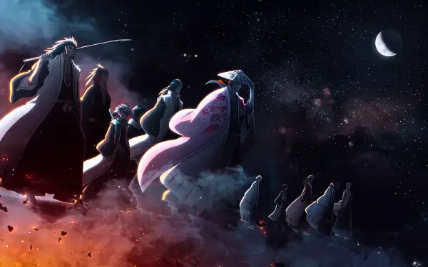 Bleach: Thousand-Year Blood War anime 5K Ultra HD PC wallpaper — Shunsui Kyōraku leads Soul Reapers across fiery clouds beneath a crescent moon.