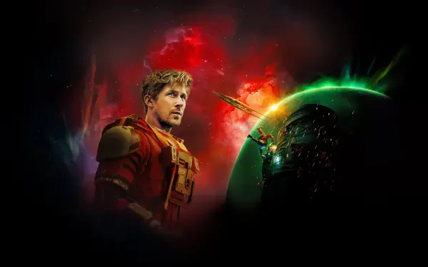 Project Hail Mary 4K Ultra HD PC desktop wallpaper: astronaut in a red suit framed by a fiery red nebula, a glowing green planet and a small approaching spacecraft.
