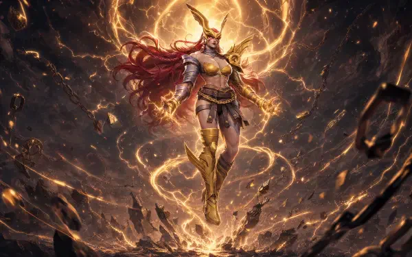 Marvel Rivals 4K Ultra HD PC desktop wallpaper: armored horned warrior levitating amid swirling golden energy, shattered rock and flying debris.