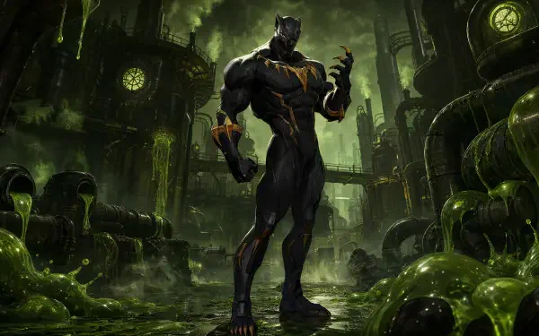 Black Panther in a toxic green industrial lair, posed menacingly — Marvel Rivals 4K Ultra HD PC desktop wallpaper and background.