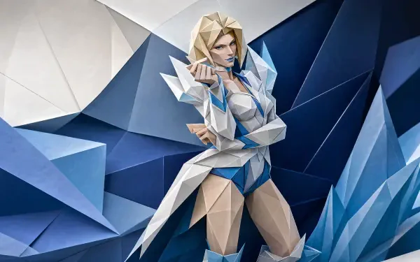 Low-poly ice-themed Marvel Rivals character posing amid crystalline blue shards — 4K Ultra HD PC desktop wallpaper/background, video game art.