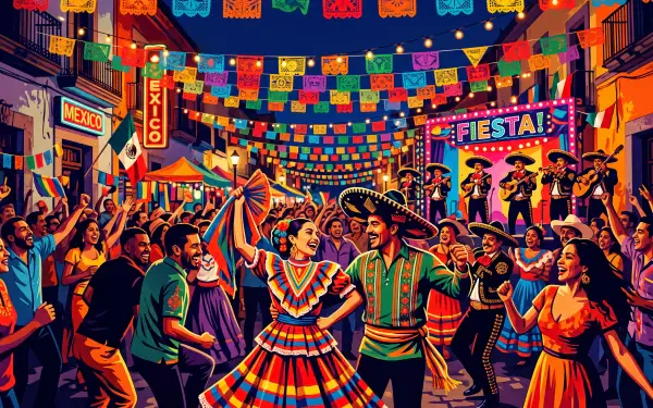 Vibrant Mexican fiesta street scene with dancers in traditional dresses and sombreros under colorful papel picado, neon signs and live mariachi — 5K Ultra HD PC desktop wallpaper/background.