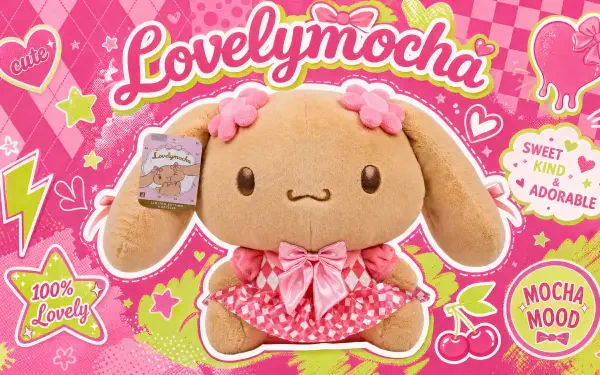 Lovelymocha plush bunny in a pink polka-dot dress on a vibrant pink 4K Ultra HD PC desktop wallpaper and background, surrounded by hearts, cherries and playful Lovelymocha lettering.