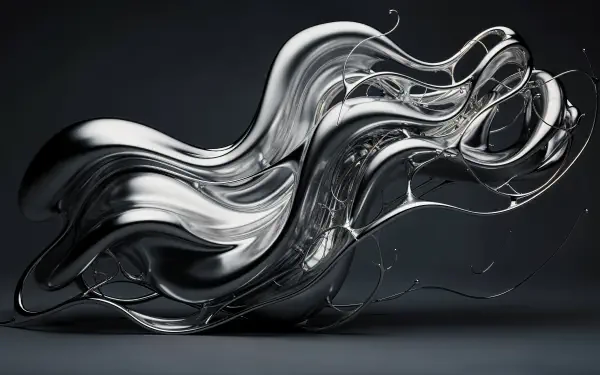 4K Ultra HD PC desktop wallpaper and background: flowing liquid metal sculpture—silvery ribbons and tendrils twisting in glossy, abstract waves against a dark backdrop.
