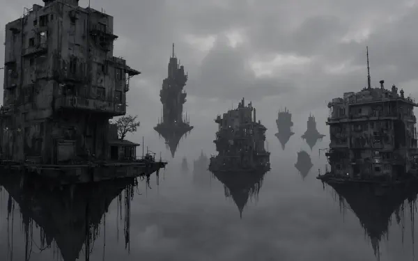 Monochrome scene of dilapidated floating buildings mirrored on calm water — 5K Ultra HD PC desktop wallpaper background.