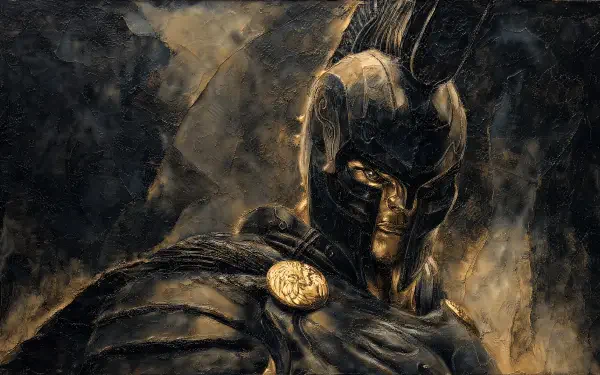 The Odyssey (2026) 4K Ultra HD PC desktop wallpaper: bronze-armored warrior in a horned helmet and cloak, face in shadow, surrounded by smoke and glowing embers.