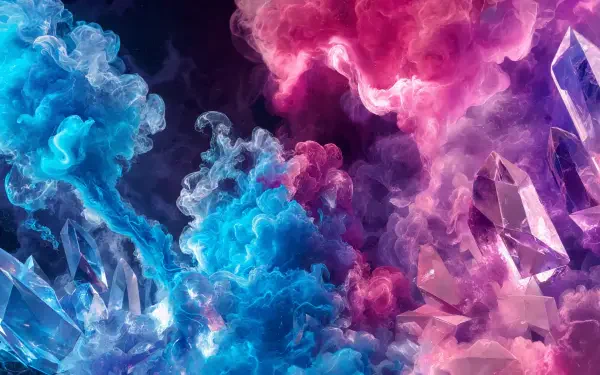 Vivid blue and magenta plumes of colorful smoke swirling among crystalline shards — 5K Ultra HD PC desktop wallpaper and background.