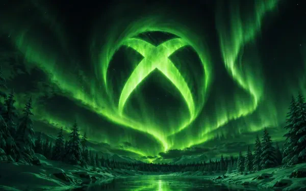 Xbox 2K Quad HD PC desktop wallpaper: glowing green Xbox logo shaped in an aurora over a forested lake, mirrored in the water with misty pine silhouettes.