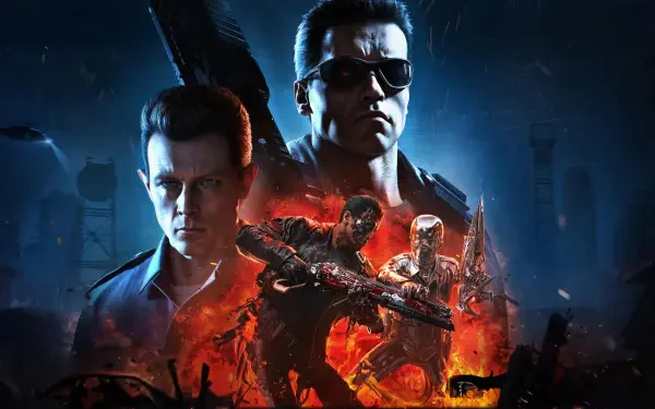 Terminator 2: Judgment Day 4K Ultra HD PC wallpaper — T-800 in sunglasses, young John Connor behind, and a fiery metallic T-1000 rising amid a ruined, glowing cityscape.