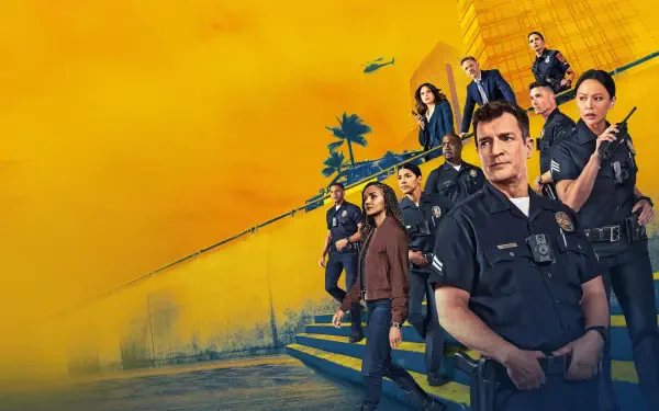 4K Ultra HD PC desktop wallpaper of The Rookie: the show's officers posed on steps against a vivid yellow-orange skyline.