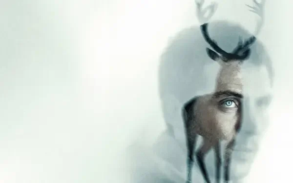 Disclosure Day 4K Ultra HD PC desktop wallpaper: ghostly double-exposure of a man's face merging with a stag, bright green eye and pale ethereal background.