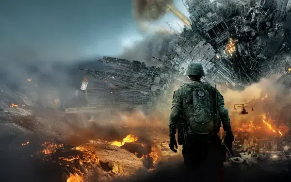 Battle: Los Angeles 4K Ultra HD PC desktop wallpaper — lone soldier faces a burning, ruined Los Angeles as a massive alien warship hovers overhead amid explosions and helicopters.